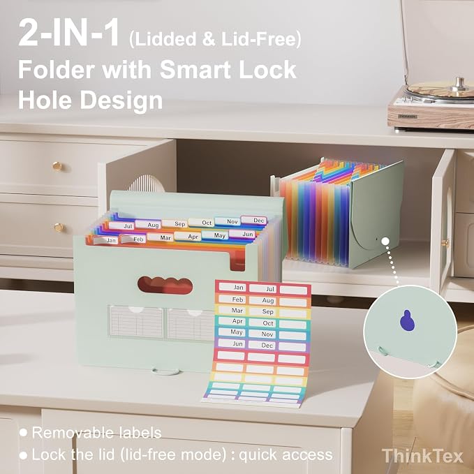 ThinkTex Accordion File Organizer, 12 - Pocket Expanding File Folders | for Receipts, Bills & Taxes Organizer, Letter/A4 Size Document Holder for School, Office, Home with tabs-Sage Green