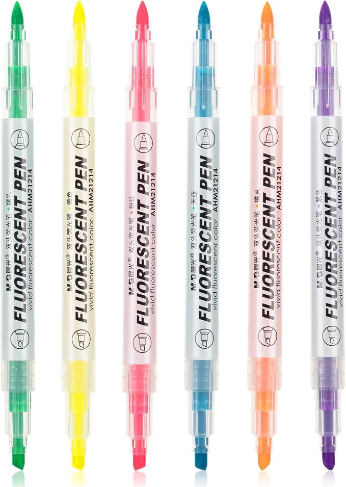 M&G 6 Pcs Dual Tip Highlighters, Chisel & Fine Tip Multicolor Highlighter Pens, Quick Dry, No Bleed, Assorted Bright Colors for Office Documents, Journaling, Planners, and Everyday Organization