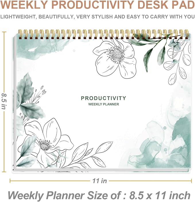 Weekly Productivity Planner - 8.5" x 11" Dashboard Desk Notepad Has 6 Focus Areas to List Tasks for Goals, Projects, Clients, Academic or Meal-Organize Your Daily Work Efficiently, 54 Weeks, Blue Flower
