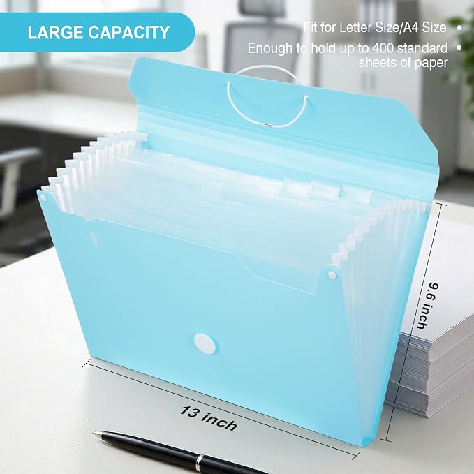 Comix Accordion File Organizer, 13 Pocket, Blue | Expanding File Folder, A4/Letter Size Documents, Includes Labels, For Office, Home, School