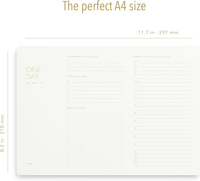 Pinesman - One Day, Elegant Daily Desk Planner, Gold Foiled, Minimalist Productivity Planner Pad, Time Blocking Hourly Schedule, To Do List Notepad, A4, 52 Pages, FSC™ Certified