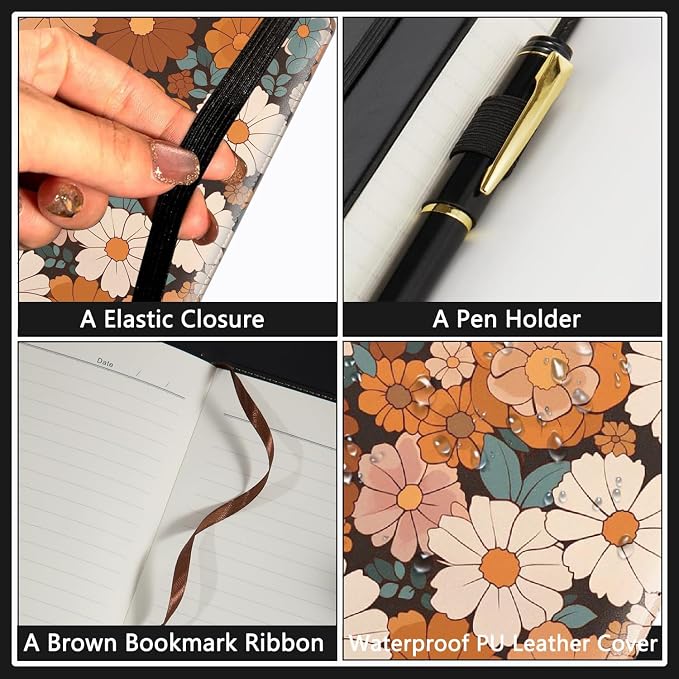 A5 Leather Lined Journal Notebook, 200 Pages Hardcover Executive Notebook for Men Women Office School Note Taking, Thick Writing Paper Daily Journal with Bookmarks/Indexes, Cute Flower Painting