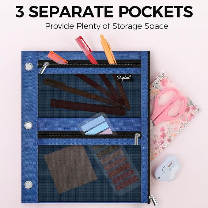 SKYDUE 3 Ring Pencil Pouch for Binder, Zipper Binder Pencil Pouch with 3 Pockets and Mesh Window, Durable Organizer for School Supplies, Cables, Earbuds, Makeup