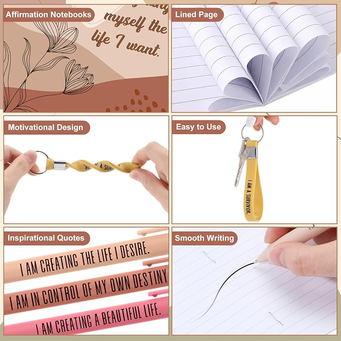 Mooliwe 12 Set Positive Affirmation Gift Set Gratitude Notebooks with Pens Keychains Small Bags Motivational Party Favors for Adult Women Coworkers Employee Group (Groovy)