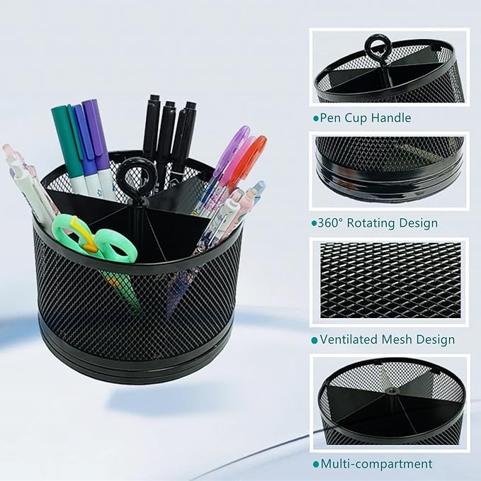 SETTFRFE Mesh Rotating Pen Holder for Desk, Black, 6-Slot | Large Pen Container with Handle, Multi-Functional Desk Organizer for Office Supplies, Art Tools & Makeup Brushes