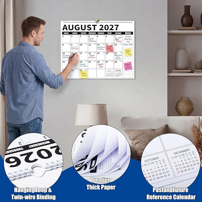 Wall Calendar 2026-2027 (July 2026 - December 2027) - 18 Month Large Hanging Calendar 14.57 x 11.42 Inches, Monthly Planner with Ruled Blocks, Thick Paper, Holidays, To-Do List & Notes for Home, Office, Classroom