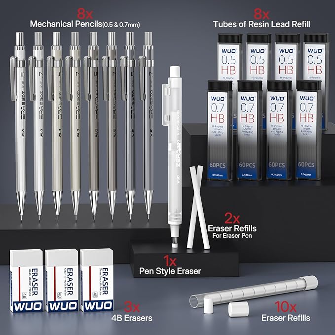 WUO 0.5&0.7mm Mechanical Pencil Set with Eraser Pen, 8PCS Metal Mechanical Pencils, 480 HB Lead Refills, 3PCS 4B Erasers, 10PCS Eraser Refills for Writing, Drafting, Drawing & Sketching