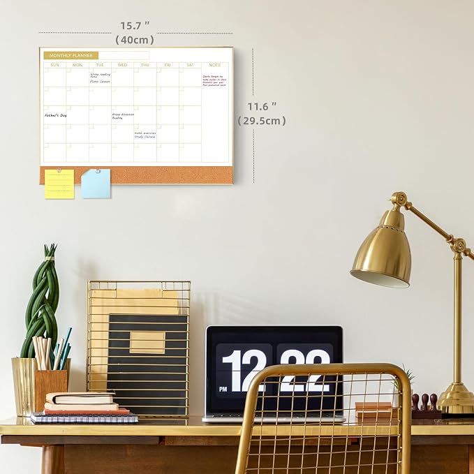 ARCOBIS Dry Erase Calendar with Cork Board for Wall, 11.6"x 15.7" Magnetic Calendar Whiteboard with Gold Frame, Monthly Combination Board for School, Home, Office