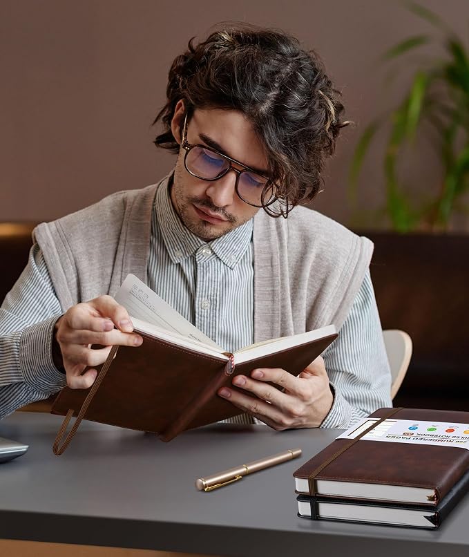 Lined Leather Journal Notebook for Men Women, Hardcover Journals with 256 Numbered Pages, B5 Journaling Notebooks for Writing, 100GSM Thick Ruled Paper for Business Work School 7.6"×10", Brown