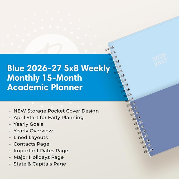 Blue Sky 2026-2027 Weekly & Monthly Academic Planner, 5"x8", Blues | 15-Month April 2026 - June 2027, Flexible Cover With Storage Pockets, Wirebound, Storage Pocket, Academic Year