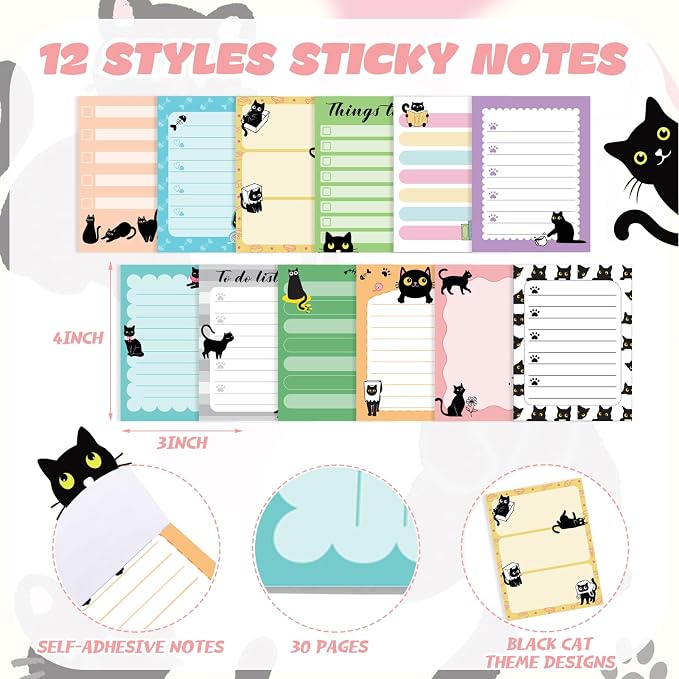 Chiisong 12 Pads Black Cat Sticky Notes 3x4 Inch Cat Notepad Cute Self Stick Notepads Funny Adhesive Memo Pad Office Decor Gifts for Animal Lover Gift Meeting Office Christmas Supplies