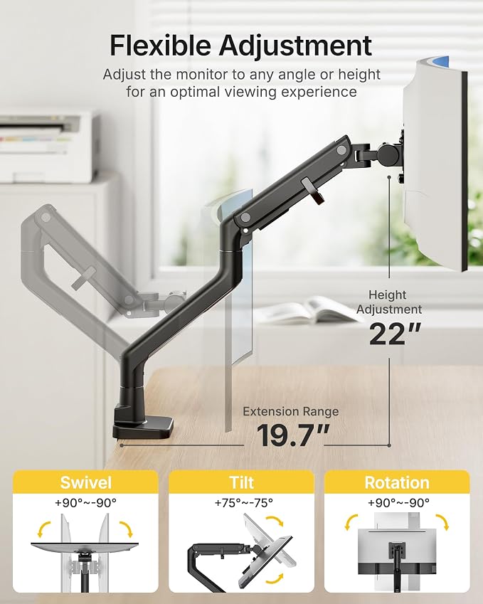 monTEK Heavy Duty Monitor Arm, 17-57" Ultrawide, Gas Spring, 59.4 lbs，Black | Desk Monitor Mount Holds 49" 57" Ultrawide Curved Screen Up to 59.4 lbs with No Sag,Clamp & Grommet Arm,75/100 VESA
