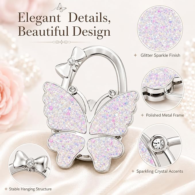 Purse Hook for Table, Foldable Handbag Hanger for Women, Portable Bag Holder with Non-Slip Base, Cute Bling White Butterfly Purse Table Hook for Restaurant Office Travel Gift