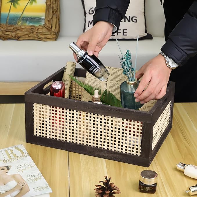 Desktop Storage Basket, Sundry Office Drawer Storage Box, Wood Frame Storage Basket. (Brown-Large)