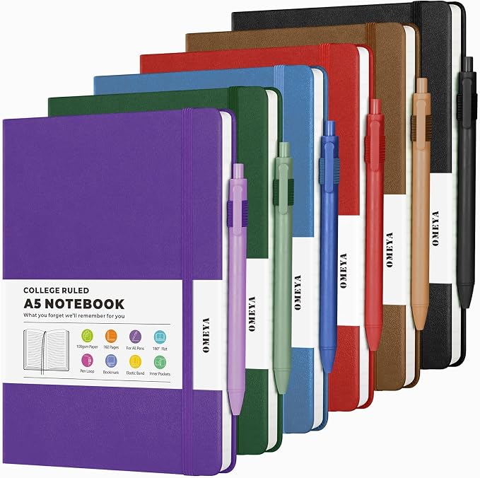 OMEYA A5 Hardcover Notebooks for Work: 6 Pack, 100gsm Paper, 160 Pages Each | College-Ruled Pages, 5.75" x 8.38", PU Leather Hardcover, 6 Pens, 2 Inner Pockets, 180° Lay-Flat, For Business, School