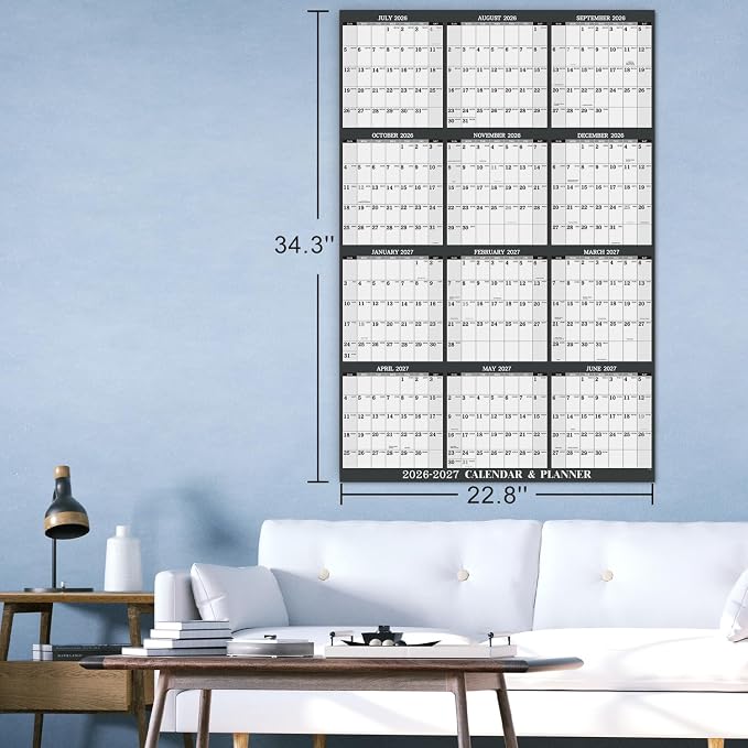 2026-2027 Yearly Wall Calendar - 26-27 Yearly Wall Calendar, Jul. 2026 - Jun. 2027, 34.3" x 22.8" (Open), Yearly Calendar 2026-2027 with Julian Date, Vertical Calendar with Premium Paper, Round & Planner Sticker, Gray