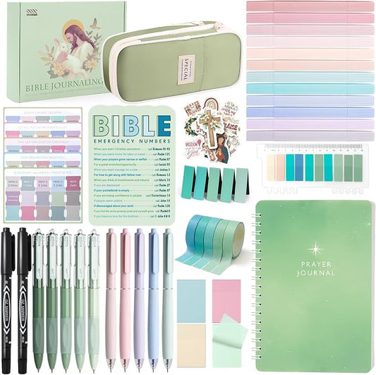 XKDOUS Bible Study Supplies Journaling Kit for Women, Bible Study Kit Journaling Supplies with Prayer Journal, Highlighters, Emergency Card, Pencil Case and More, Christian Gifts for Women, Green