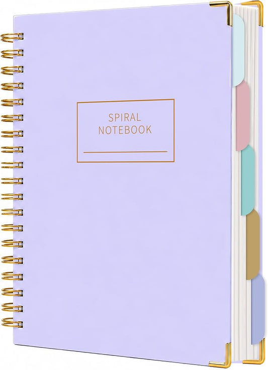 Hardcover Spiral Notebook with Tabs 8"x10" Large Spiral Lined Journals for Women with Dividers 240 Pages College Ruled Composition Notebook 5 Subject Notebook for Work, Back to School, Gifts, Purple