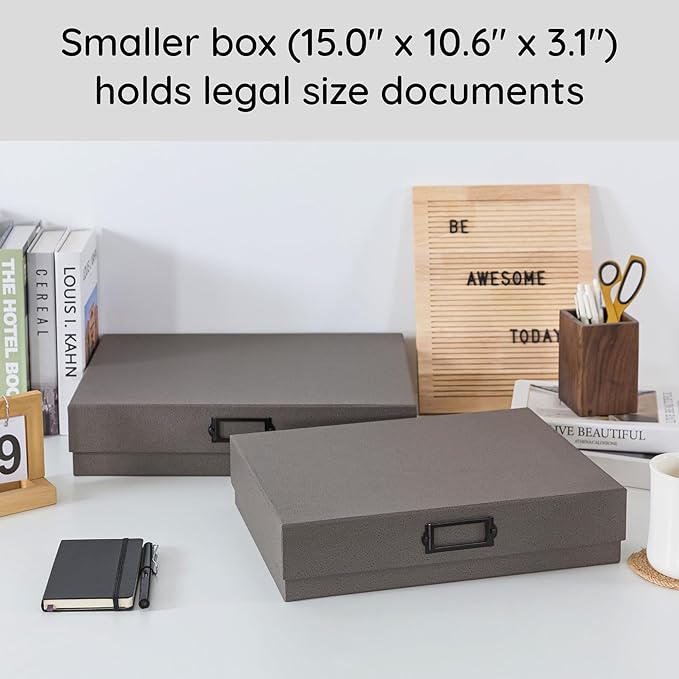 Soul & Lane - Legal Size Document Storage Boxes with Lids, Set of 2, Gray | A3 Decorative Boxes for Art, Scrapbooks and Papers with Metal Label Holders, Large Grey Photo Keepsake Storage for Memories