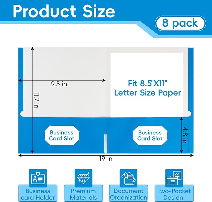 8 Packs Blue Two Pocket File Folders,File Folder Letter Size,8.5x11Inches File Folders for Office,School and Home,Organizer File Folder