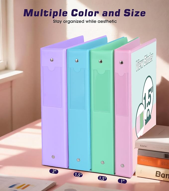 3 Ring Binder 1.5 inch，Cute Binder Organizer with 5 Tab Dividers Fits 175 Sheets of 8.5x11 Paper,Customizable Clear Cover with Inside Pockets,Aesthetic 1.5" Three Ring Binders for School Office,Purple