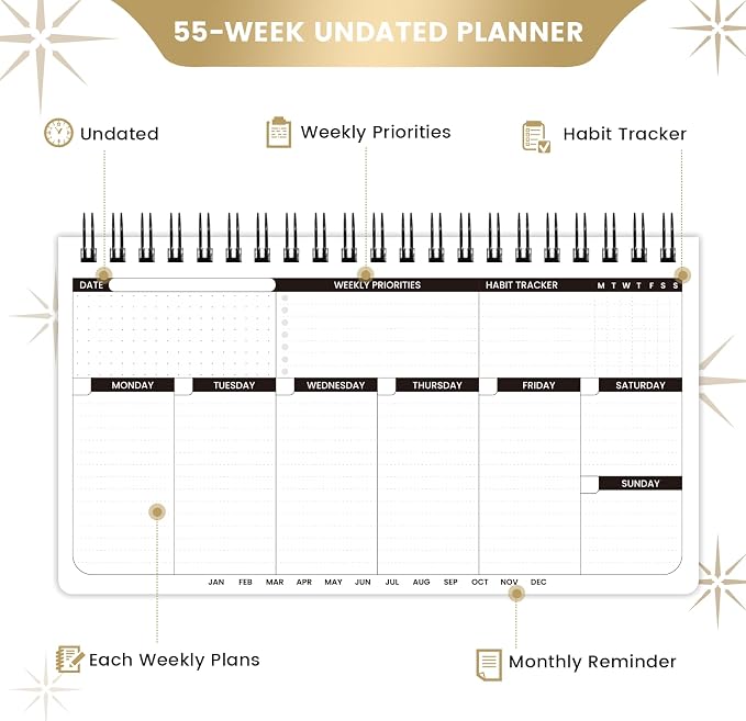 Weekly Planner - Undated Planner for Whole Year, Weekly To Do List, Planner Daily Weekly and Monthly, Goals Scheduled Planner with Habit Tracker, 55 Weeks, 6.3''x11.2''