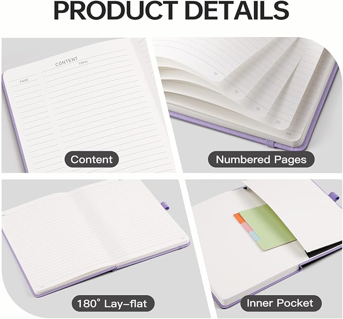 EMSHOI Lined Journal Notebook, 192 Numbered Pages, A5 Size (5.7'' x 8.3'') | Leather Hardcover, 100 GSM Thick Paper, for Women & Men, Journaling, Writing, Work & Office, Sun Debossed (Light Purple)