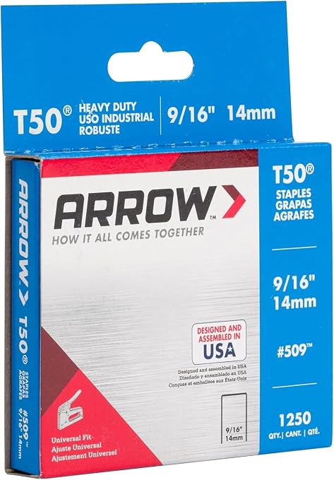 Arrow T50 9/16" Staples, 1250 Count | Heavy Duty, For Upholstery, Construction, Furniture, Crafts, Fit Arrow T50 Staple Guns, Hammer Tackers and Pneumatic Tools