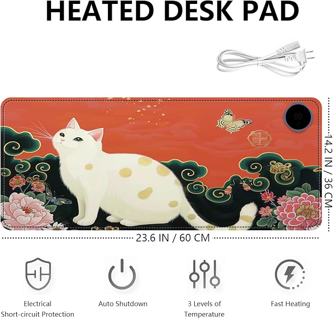 Heated Mouse Pad with 3 Levels Heated & 3 Hours Auto Shut-Off Mouse Pad for Warming Hands in Office Home, 23.6" x 14.2"Large Safe Desk Mat Hand Warmer，Vintage White Cat