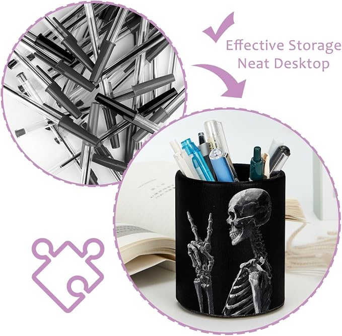 Cool Skeleton Leather Pen Holder for Desk, Multifunctional Desktop Organizer Pencil Cup, Desktop Caddy Stationery Organizer for School Home Office Desk Accessories