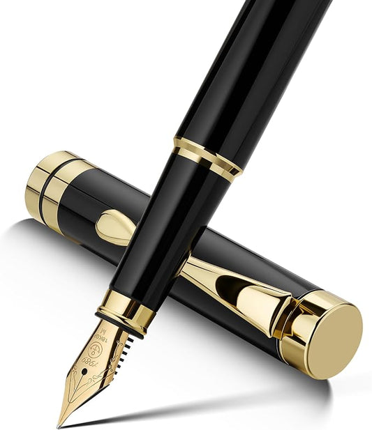 MCNTEIK Fountain Pen-Luxury Black and Gold Finish, 18K Gilded Nib(Medium), Smooth Ink Flow, Complete Set with 4 Black Ink Cartridges, Converter & Gift Box-Perfect Weight, Ideal for Office, Journaling