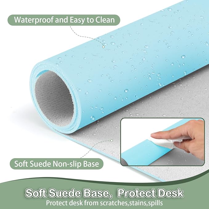 ‎Boutilon Leather Desk Pad Protector,Non-Slip Mouse Pad,Laptop Desk Pad,Office Mouse Mat,Waterproof Leather Desk Blotter,Desk Writing Pad for Office and Home (M-Light Blue,30"x14")
