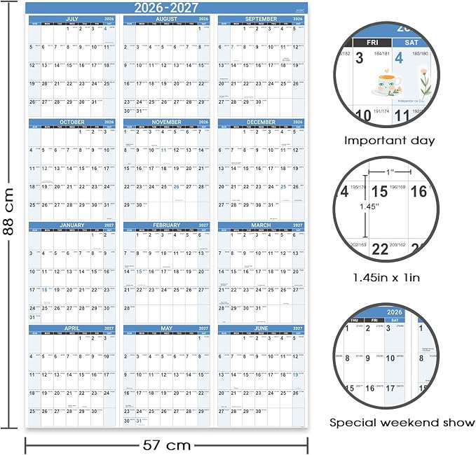 2026-2027 Yearly Wall Calendar - Calendar 2026-2027, July 2026 - June 2027 | Large Wall Calendar 26-27, 34.8" x 22.8"(Open), Full Year Calendar Large, One Page Vertical with Round Stickers - Haze Blue