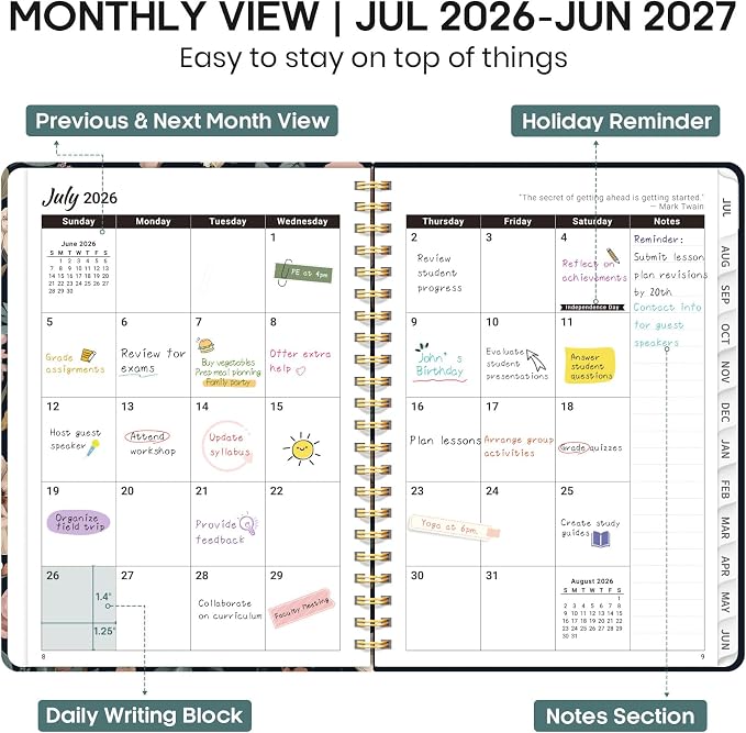 Academic Planner 2026-2027, Weekly and Monthly Calendar Book, July 2026 – June 2027, Hardcover Planner with Tabs, Perfect for Teachers, Students, Women & Men, A5 (6.4" x 8.5") - Evening Petals