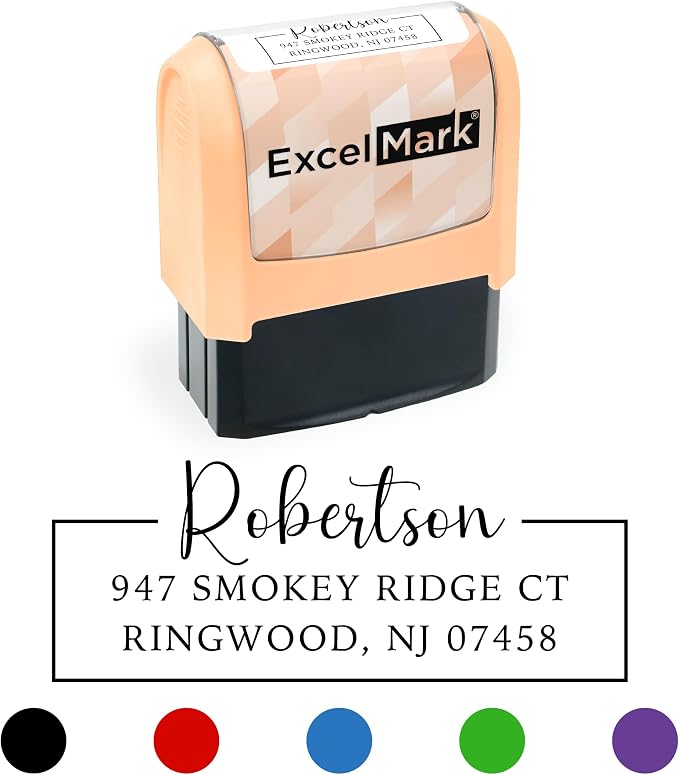 ExcelMark Address Stamp - Custom Return Address Stamp with Elegant Designs, Vibrant Colors & Patterns – Perfect for Mail, Invitations & Gifts (Peach, Signature Frame)