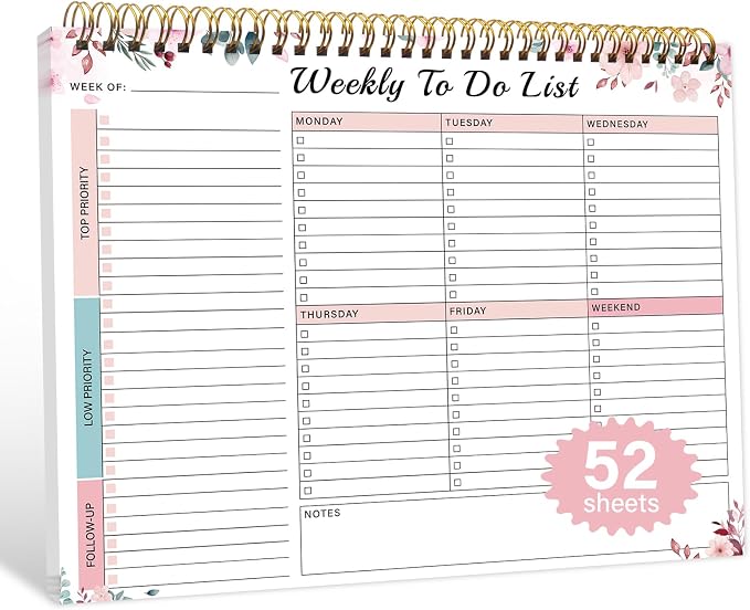 Weekly To Do List Notepad with 52 Undated Sheets（8.5"×11"）- Weekly Desk Planner Pad with Spiral Binding for Women & Man, Office, School and Home Personal Organizer
