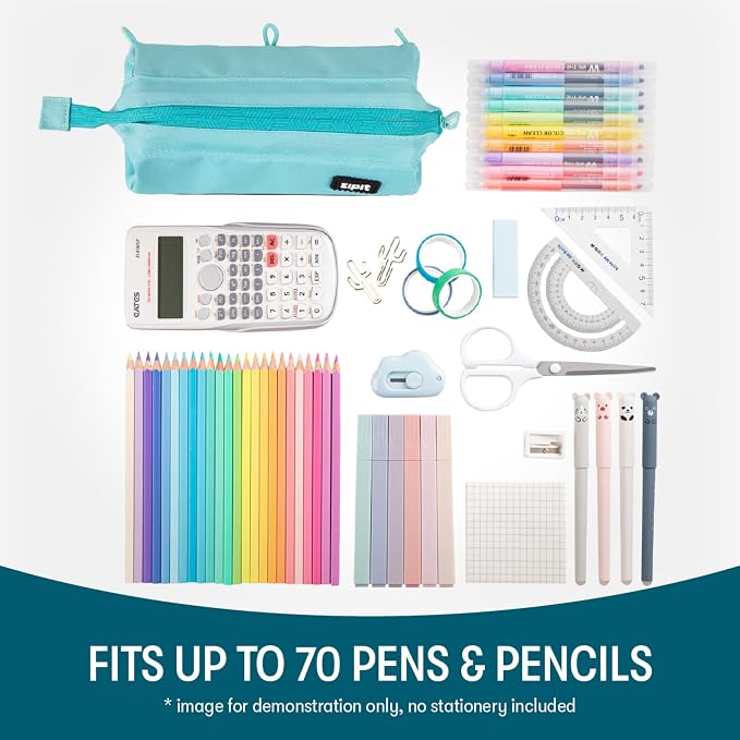 ZIPIT: Lenny Pencil Case - Light Teal - Large Storage Capacity Zipper Pouch, Makeup-Stationery Bag, School-Travel, Washable Polyester, Kid-Teen-Adult