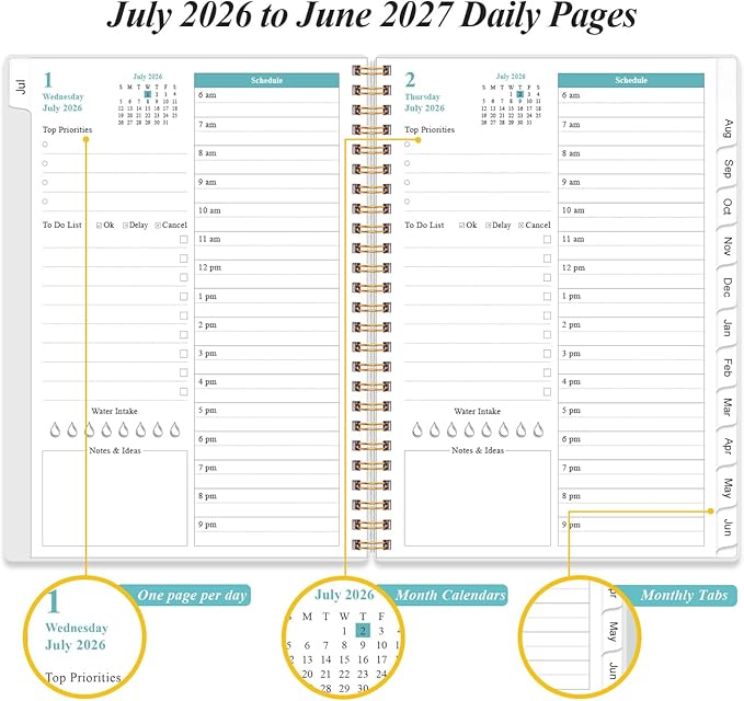 2026-2027 Daily & Monthly Planner - One Page Per Day, Daily Planner 26-27 from July 2026 to June 2027, Planner 2026-2027 with 12 Monthly Tabs, 6.4" x 8.5", Flower-A