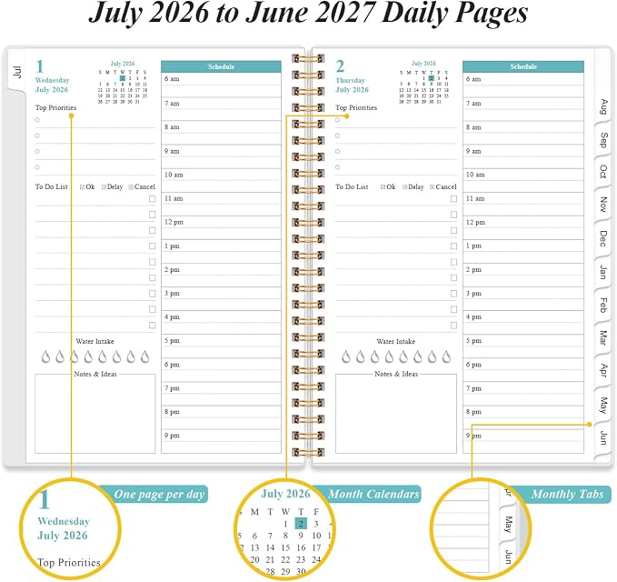 2026-2027 Daily & Monthly Planner - One Page Per Day, Daily Planner 2026-2027 from July 2026 to June 2027, Planner 26-27 with 12 Monthly Tabs, 6.4" x 8.5", Flower-B