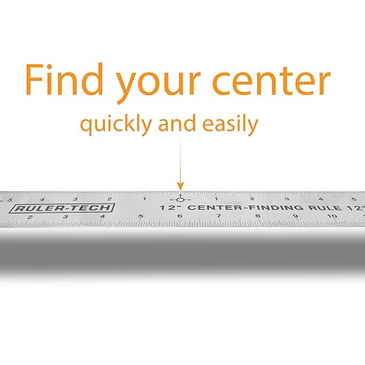 Peachtree Stainless Steel Metal Ruler 12”, Center Finding Measuring Tool with Dual Scale, Precision Metal Measuring Ruler for Woodworking, Layout & Construction