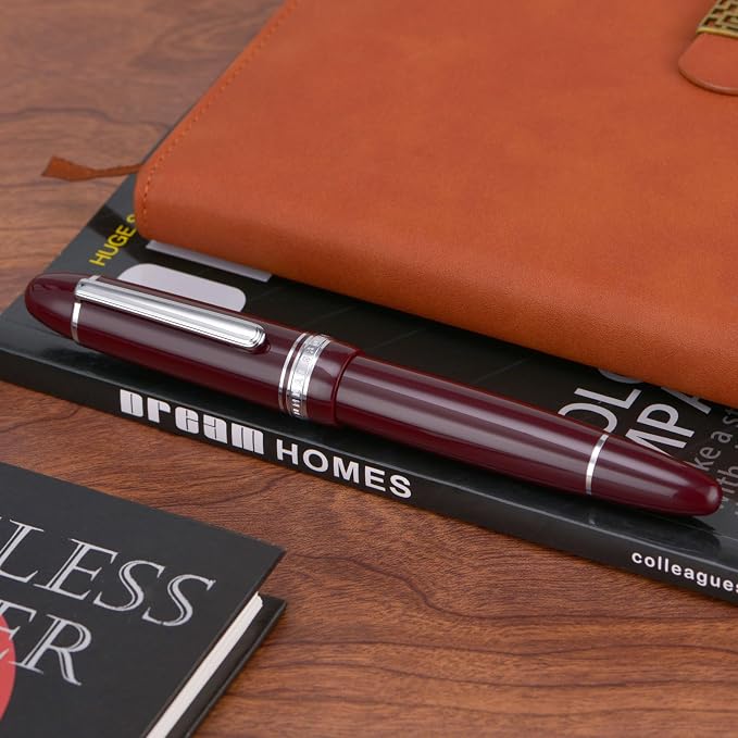 Yongsheng Junlai 930 Acrylic Fountain Pen, Size 9 Broad Nib with Piston Filling System, Wine Red Fence Ink Tank with Torpedo Shape Design Large Hand Pen (Silver Trim)