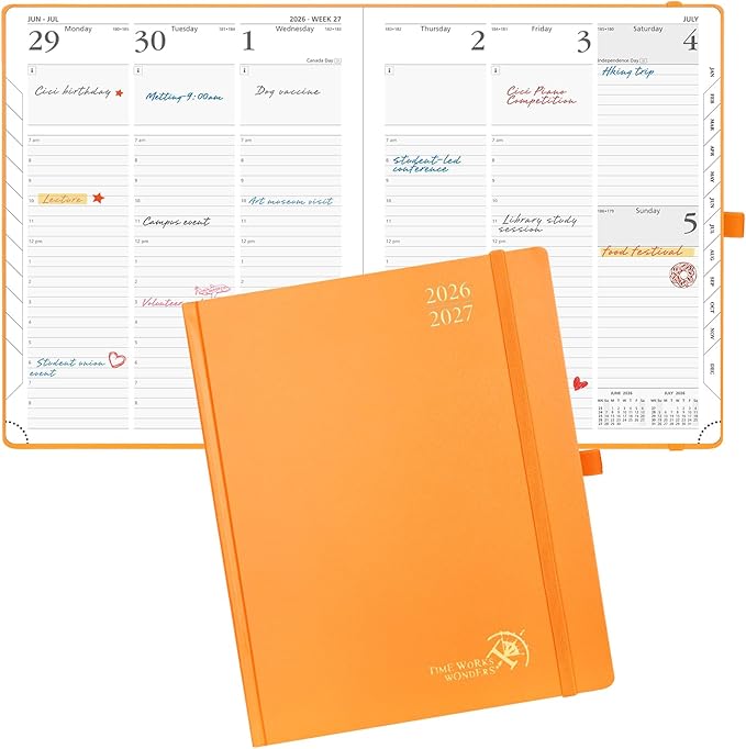 POPRUN 2026-2027 Academic Planner, Large Size 8.5" x 10.5", Weekly and Monthly Calendar, July 2026 to June 2027, Hardcover Appointment Book with Vertical Layout, Hourly Time Slots, Monthly Tabs - Orange