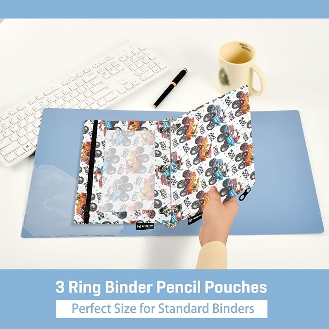 Binder Pencil Pouches Cartoon Monster Truck Pattern Pen Case | Clear Window 3 Rings, Cosmetic Bags School Office Supplies Cosmetic Makeup Bag 2 Psc