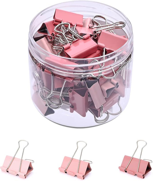 Temiary Aesthetic Binder Clips, Small Metal Binder Clip with Clear Storage Container, Binding Paperwork Clamps for School Teachers Office Supplies (Pink 0.75 Inch, 40P)