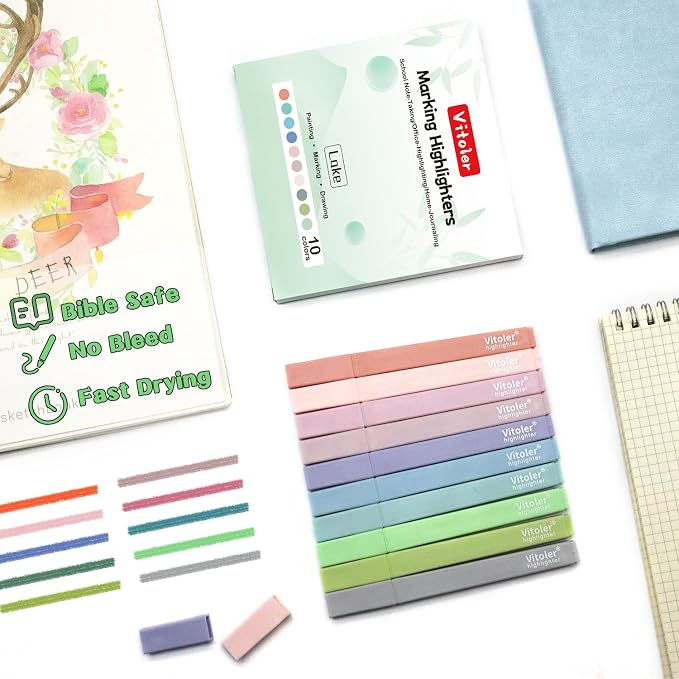 Vitoler Bible Highlighters,Aesthetic No Bleed Bible, Soft Chisel Tip,10Pcs | Assorted Color,Cute Pastel,high quality for bible study,books,journal,writing,school office