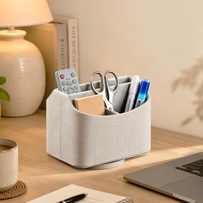 PUSU Leather 360°Rotatable Remote Control Holder,Nightstand TV Remote Caddy | Office Supplies Desktop Organizer,Spinning Storage Box for Pen,Mail,Phone,DVD, Blu-Ray, Media Player,Heater Controllers