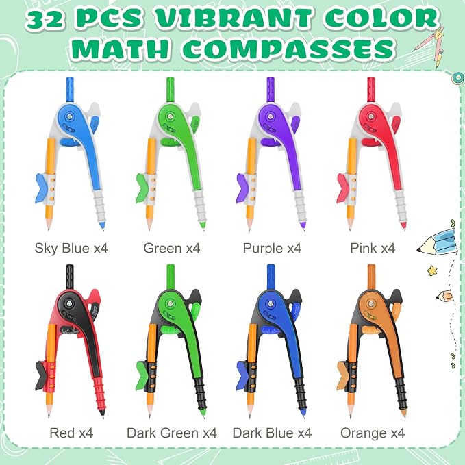 32 PCS Math Compass Geometry Math Drafting Set 6 Inch Plastic Drawing Compass with Pencils for Math Student Classroom School Office Woodworking Art Drawing Mandala Studying