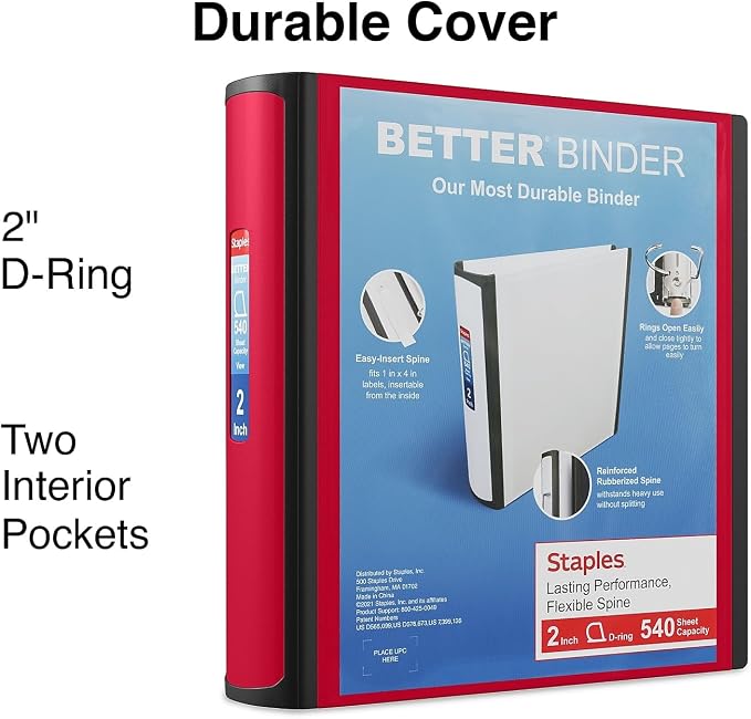 Staples Better Binder, 2" D‑Ring Heavy‑Duty 3‑Ring Binder, Red, Reinforced Spine, Holds 540 Sheets, Durable for Office, School & Presentations, 2‑Pack