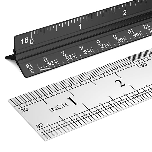 2 Pcs Architectural Scale Ruler 12 Inch, Aluminum Architect Ruler & Metal Ruler Set, Imperial Engineer Scale for Blueprints, Drafting Ruler for Architects, Students, Draftsmen, and Engineers (Black)