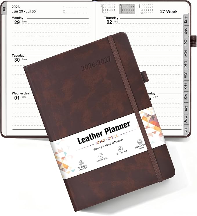 Planner 2026-2027, Academic Weekly and Monthly Calendar Planner from July 2026 - June 2027, Hardcover Leather Daily Agenda Book with Tabs, College School Organizer for Student Teacher, A5 (5.75" x 8.38"), Brown